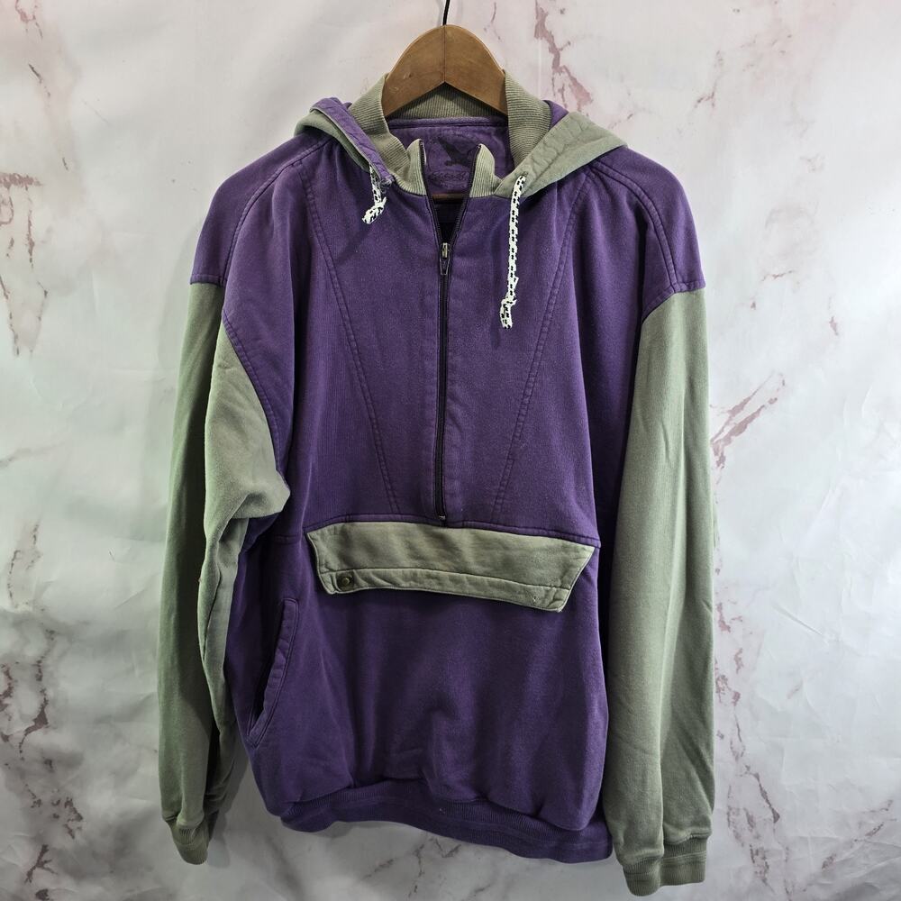 Eddie Bauer Hoodie Mens Small Green Purple Vtg Pullover Sweatshirt Cotton Zip
